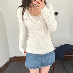 Hollister秋冬款美式长袖V领针织衫小海鸥女装打底衫套头修身毛衣