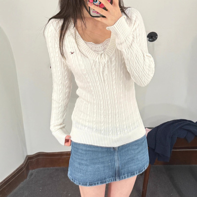 Hollister秋冬款美式长袖V领针织衫小海鸥女装打底衫套头修身毛衣