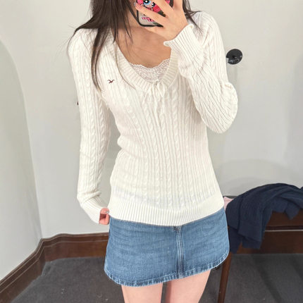Hollister秋冬款美式长袖V领针织衫小海鸥女装打底衫套头修身毛衣