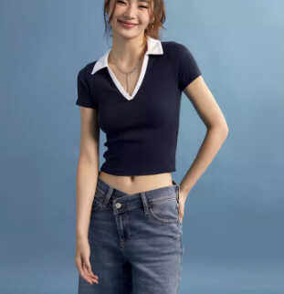 Hollister辣妹修身翻领T恤女装小海鸥纯棉短袖POLO衫翻领撞色上衣