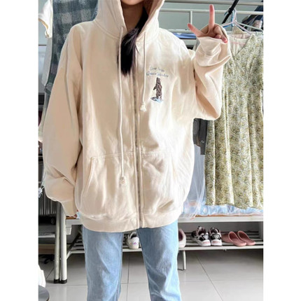 Hollister小熊女装小海鸥刺绣宽松慵懒风连帽拉链开衫卫衣外套潮