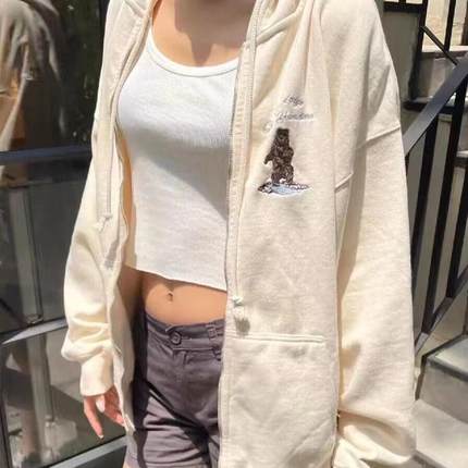 Hollister秋冬小熊刺绣宽松长袖连帽卫衣小海鸥拉链开衫保暖女装