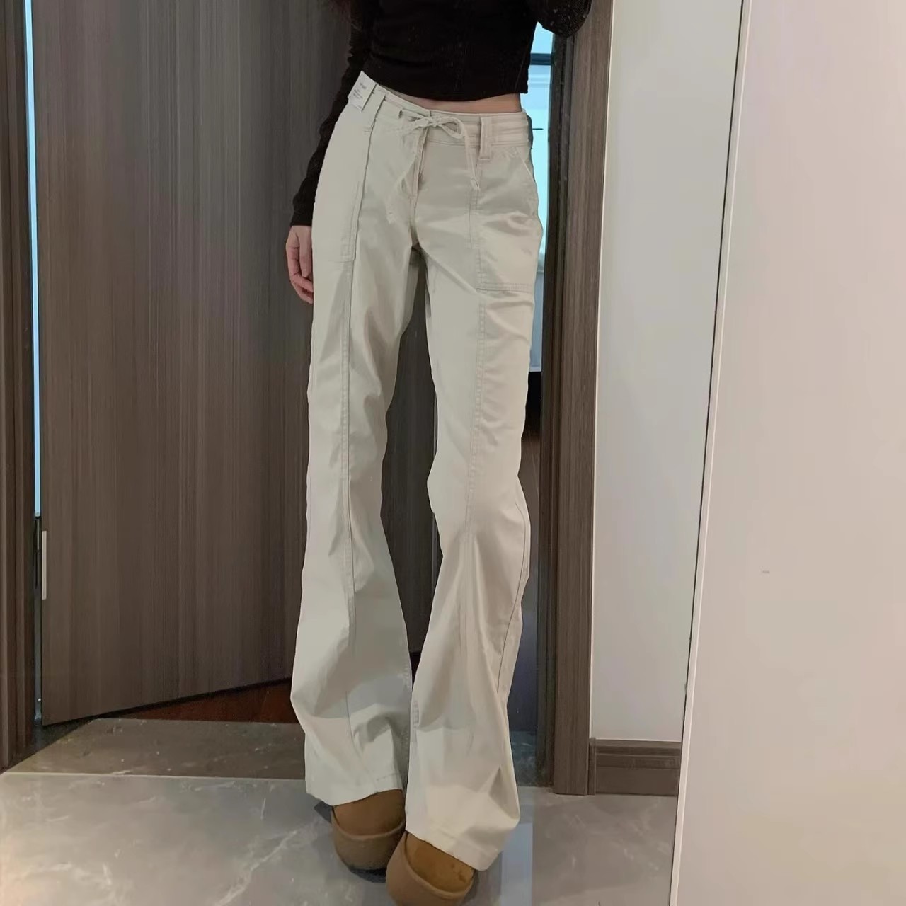 小海鸥刺绣休闲裤女高腰显瘦