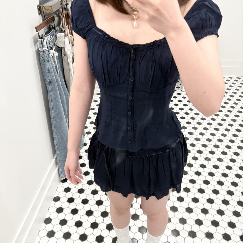 Hollister小海鸥夏季泡泡袖短袖衬衫法式路肩显瘦纯欲T恤上衣女装