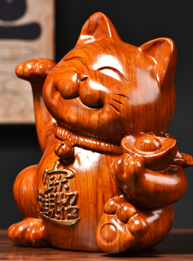 木雕招财猫摆件实木雕刻开业大号送礼品店铺收银台家居客厅发财猫