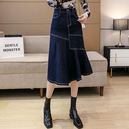 新品深蓝色不规则鱼尾牛仔半身裙女装秋季中长款小个子时尚洋气包