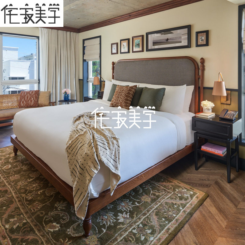 复古软包1.8m实木床全实木橡木床法式中古风布艺双人床美式柱