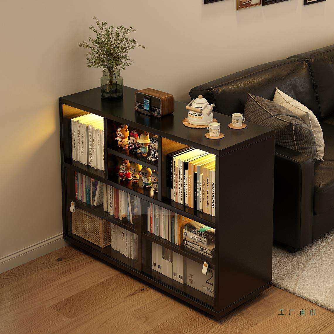 实木书柜储物柜一体小户型客厅沙发边几侧边柜带门床头矮柜窄柜子