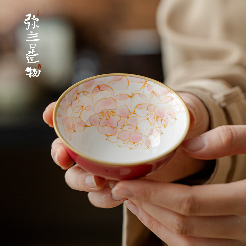 弥言胭脂红釉下彩手绘莲瓣主人杯家用大号描金茶杯高档品茗杯家用