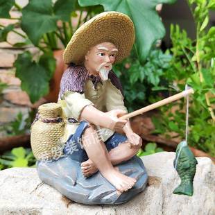 大号钓鱼老头渔翁姜太公钓鱼摆件庭院鱼池假山盆景鱼缸造景装饰品