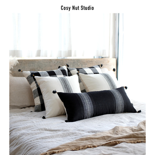 慢松球 法式亚麻条纹抱枕 黑白客厅北欧床上沙发靠垫北欧抱枕组合