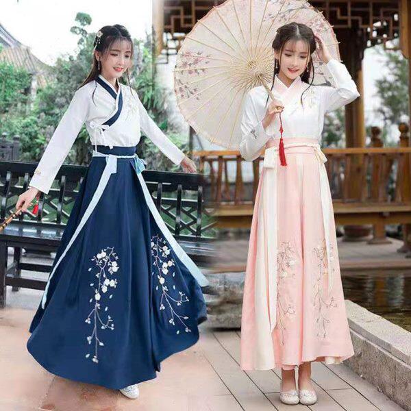 中国风改良传统日常汉服套装女夏古装绣花交领齐腰襦裙学生演出服