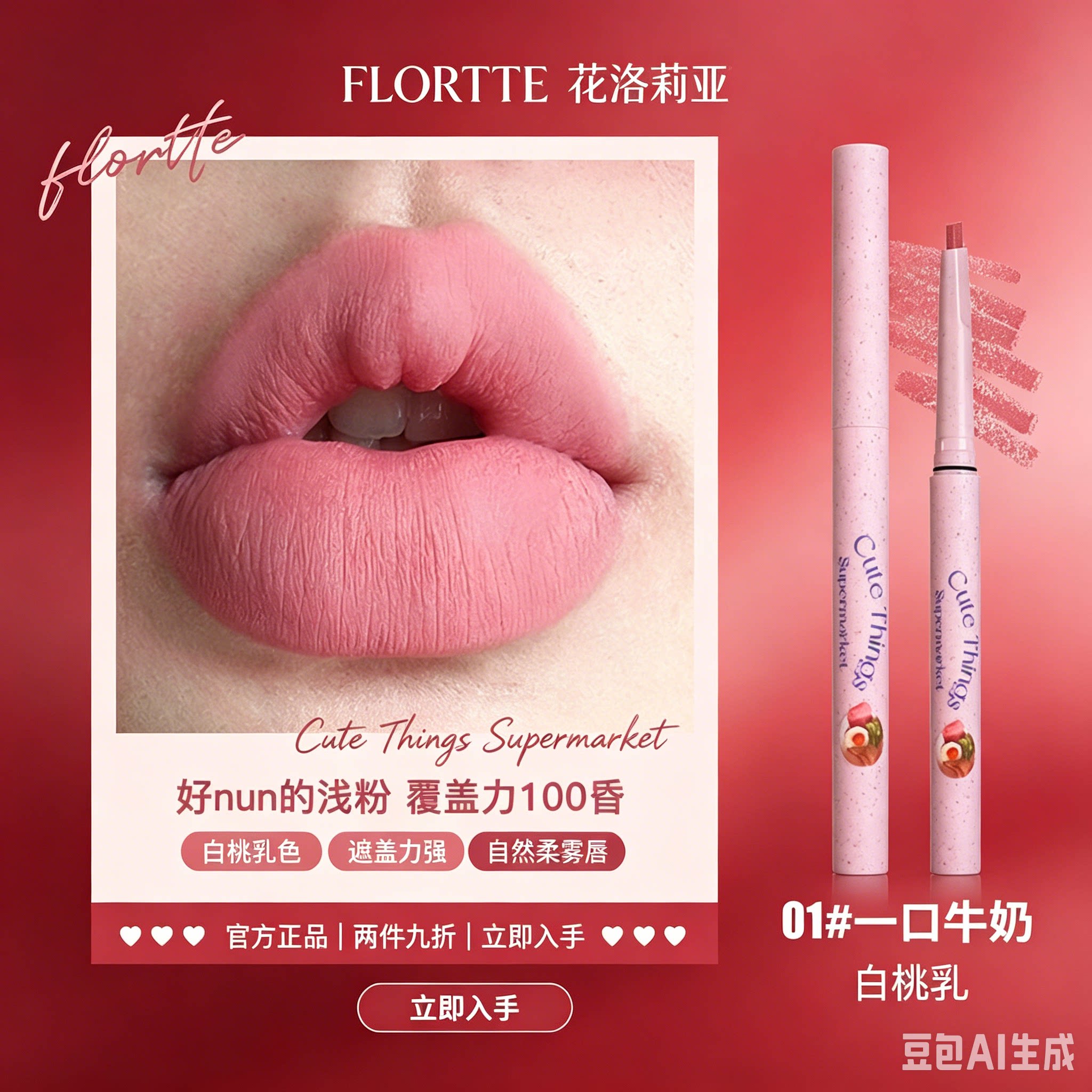 flortte花洛莉亚唇线笔唇膏一口饼干01奶茶勾勒口红裸色落利亚女