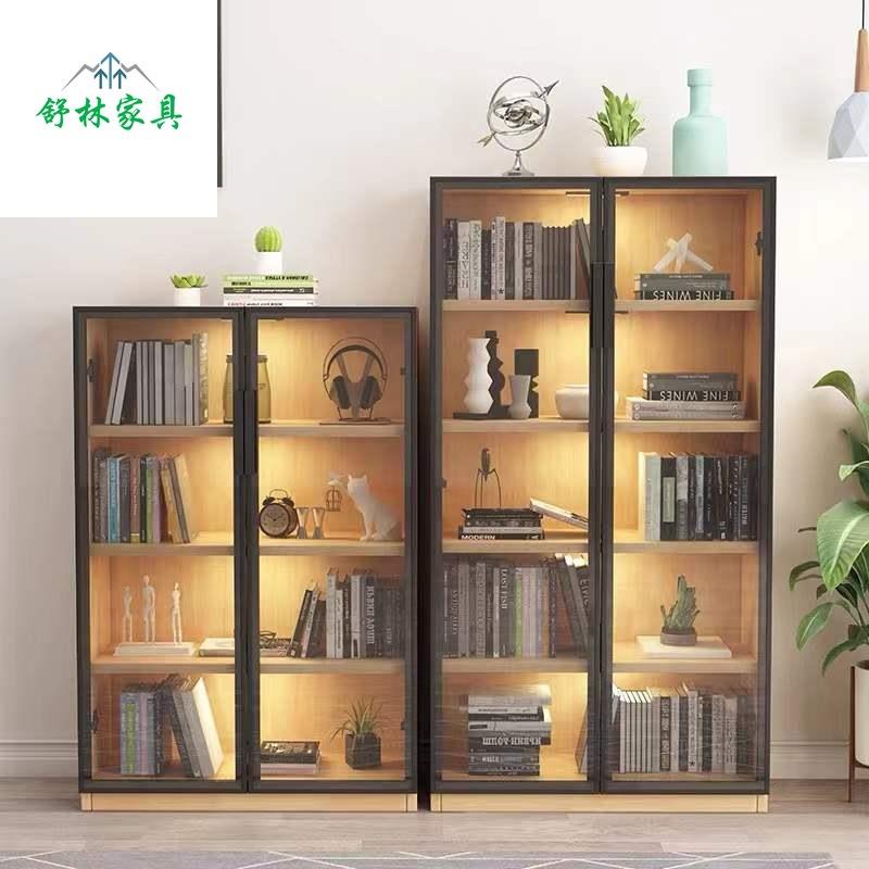 现代简约全实木书柜落地防尘书橱储物柜可调节层收纳柜带灯玻璃柜