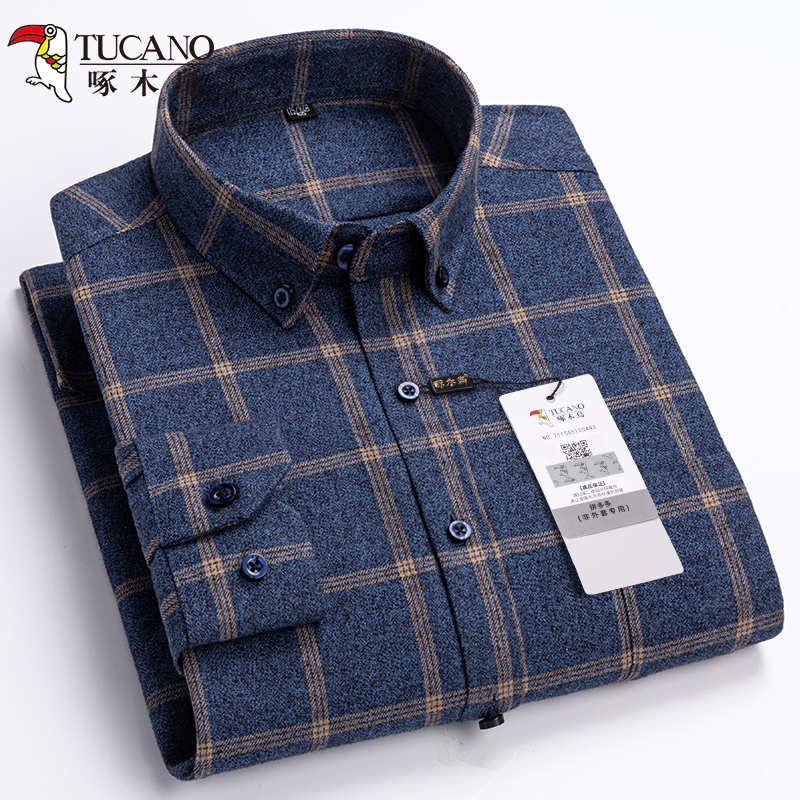 啄木鸟2025秋冬季加厚全纯棉磨毛衬衫男士长袖格子中青年休闲衬衣