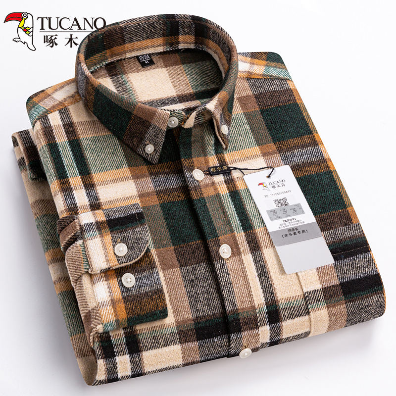 啄木鸟2025秋冬季新款全纯棉磨毛衬衫男士长袖格子中青年休闲衬衣