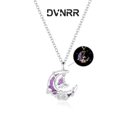 DVNRR紫夜幻蝶 设计师原创梦幻夜光月亮蝴蝶925银可发光项链女款