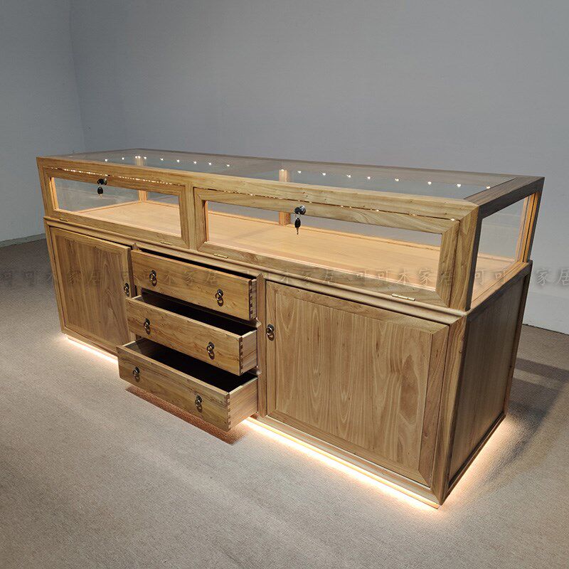 速发木榆老珠宝展示柜首饰品货柜复古文玩玉柜陈列柜玻璃中岛器台