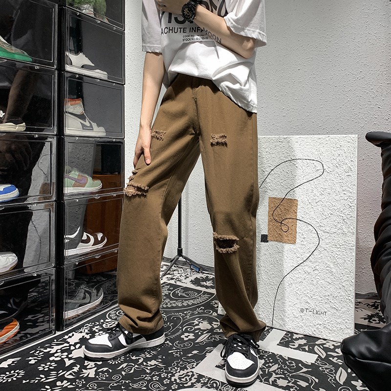 速发破洞牛仔休男春百新款宽松直筒裤秋搭垂坠感潮流裤闲长裤
