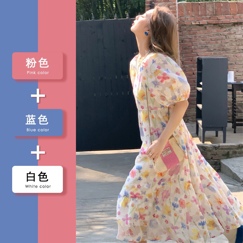 速发法式子泡花泡袖连衣裙碎2024年新款设计感小众气质收腰长裙