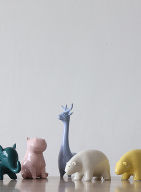 速发风格萌宠陶瓷摆饰整柜酒体橱柜小鹿河马饰极熊小象动物创意装