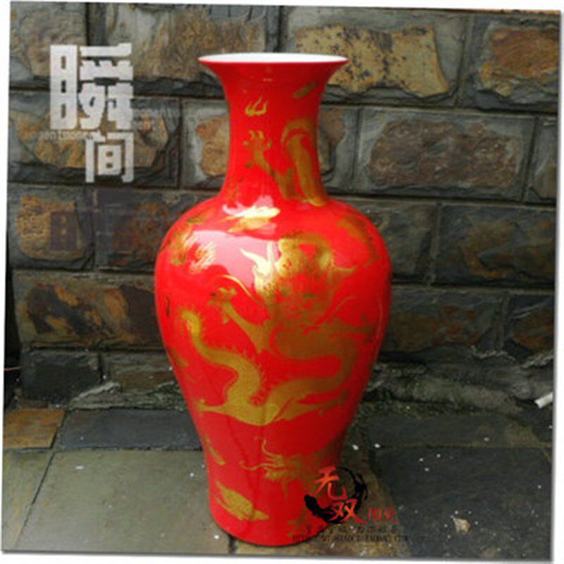 速发景德镇陶瓷器落地大花瓶黄色描金龙纹开张庆典现代客厅家居摆