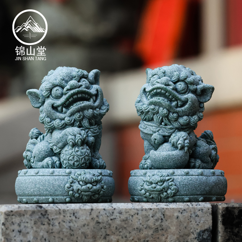 速发国潮文创桌面石狮子摆件一对青石砂对狮茶宠鱼缸造景装