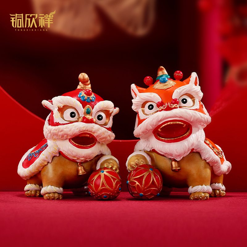 速发式狮摆件一对国潮舞狮家桌客厅居面装饰品新中醒狮子礼