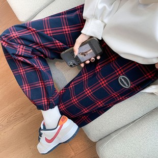 速发格子裤子新款高腰宽冬直筒松感休闲裤加绒红色秋垂阔腿加厚长