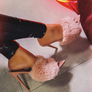 European Station Sandals Candy Color Luxury Rabbit Fur High