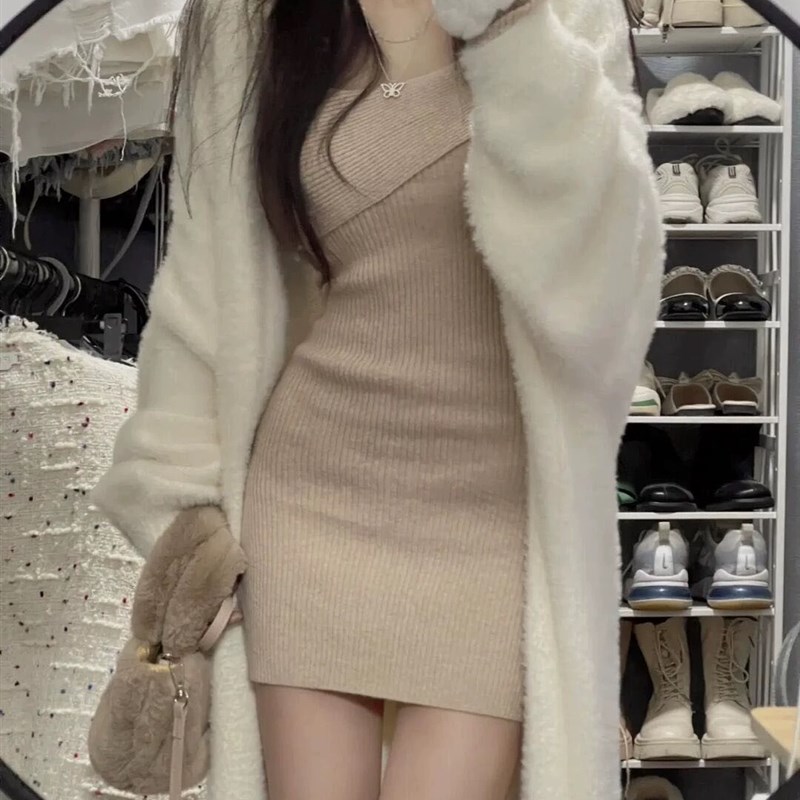 慵懒风毛衣针织连衣裙子秋冬女装2023新款内搭性感包臀裙两件套装