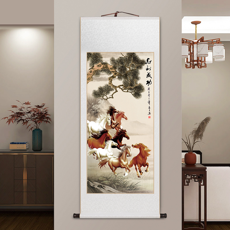 马到成功挂画中式客厅玄关装饰画卷轴装裱老板办公室字画茶室壁画