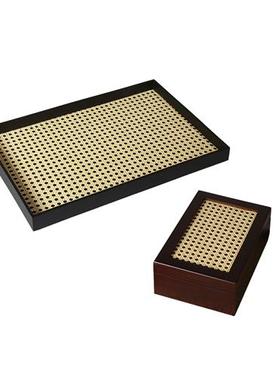 新中式棕色实木藤编方形托盘软装饰品收纳盒家居客厅餐桌摆盘