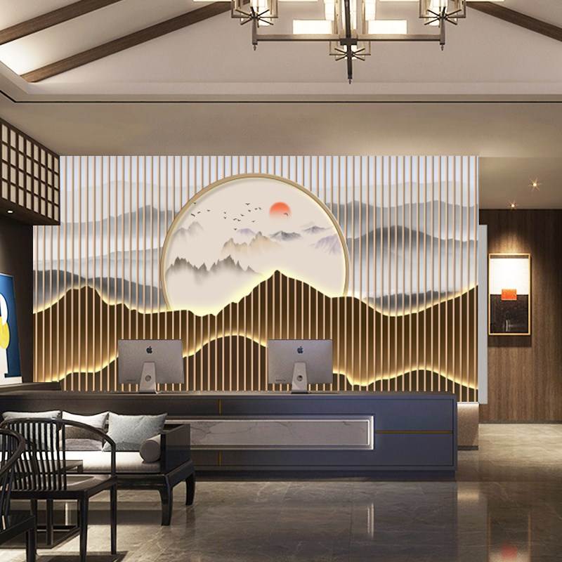 新中式风格屏风装修壁纸自粘3d禅意水墨山水采耳馆背景墙装饰贴画