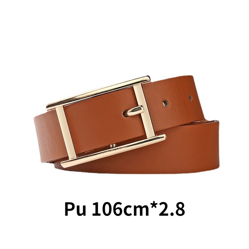 Women Gold Square Pu H Belt Fashion Metal Pin Buckle Rectang