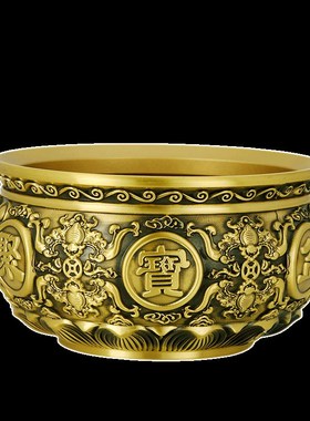 铜聚宝盆摆件黄铜米缸铜缸双狮蝙蝠元宝水晶存钱罐烟灰缸客厅装饰