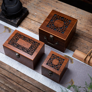 镂空中国风仿古木质印章空盒子收纳锦盒茶壶杯子紫砂建盏包装礼盒