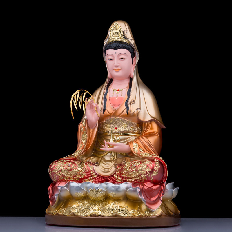 观音菩萨树脂神像珍珠彩绘观世音娘娘佛像坐莲南海观音工艺品摆件