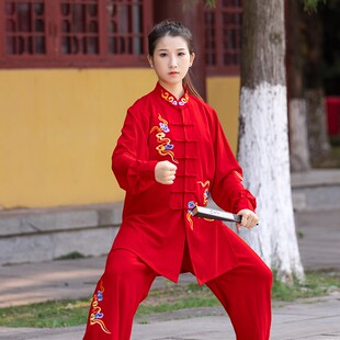 新品太极服女款新款红色太极拳练功服高档刺绣八段锦比赛表演武术