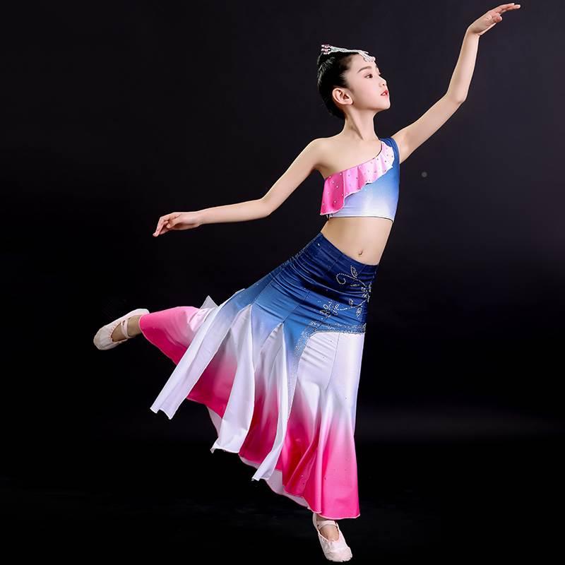 l儿童族傣舞蹈服装女表演鱼孔雀舞滇南映少童尾裙民族演出服长袖M