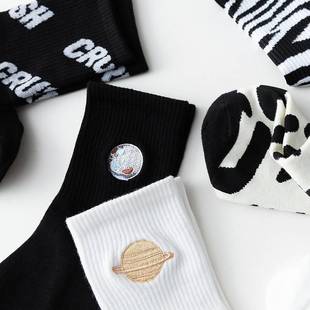 袜子女ins潮中筒袜春夏秋高筒网红长袜运动黑色白色长筒奶牛风格