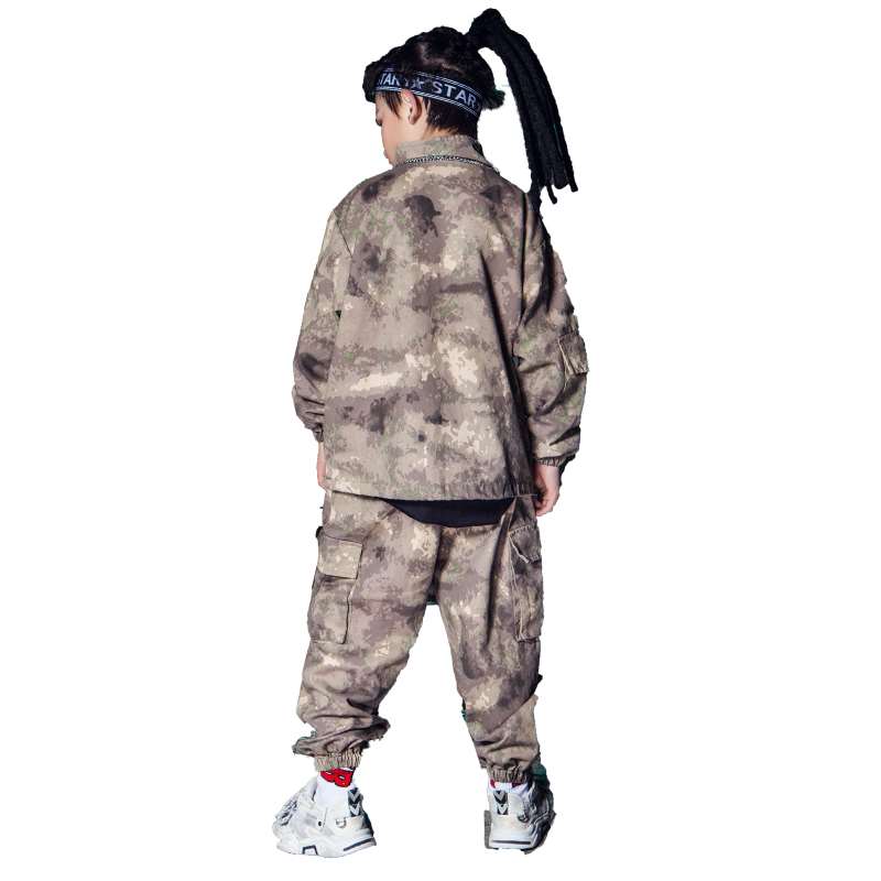 男童街舞套装hiphop演出服儿童新年表演服合唱服迷彩工装裤架子鼓