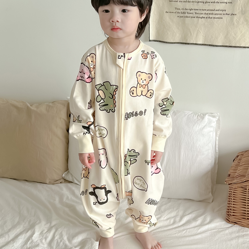 婴儿童连体睡衣春秋薄款男童长袖纯棉睡袋宝宝夏季防踢无骨家居服