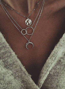 SNG New Fashion Retro Moon World Map Circle Pendant Multilay