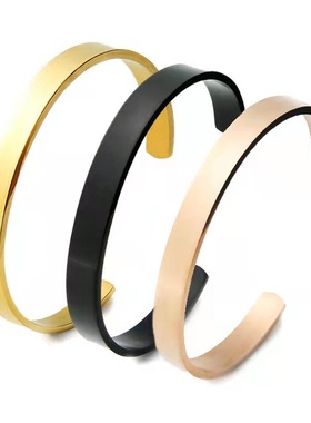MM日韩光面C型钛钢保色开口手镯男女情侣钢金黑玫瑰金色文字定制