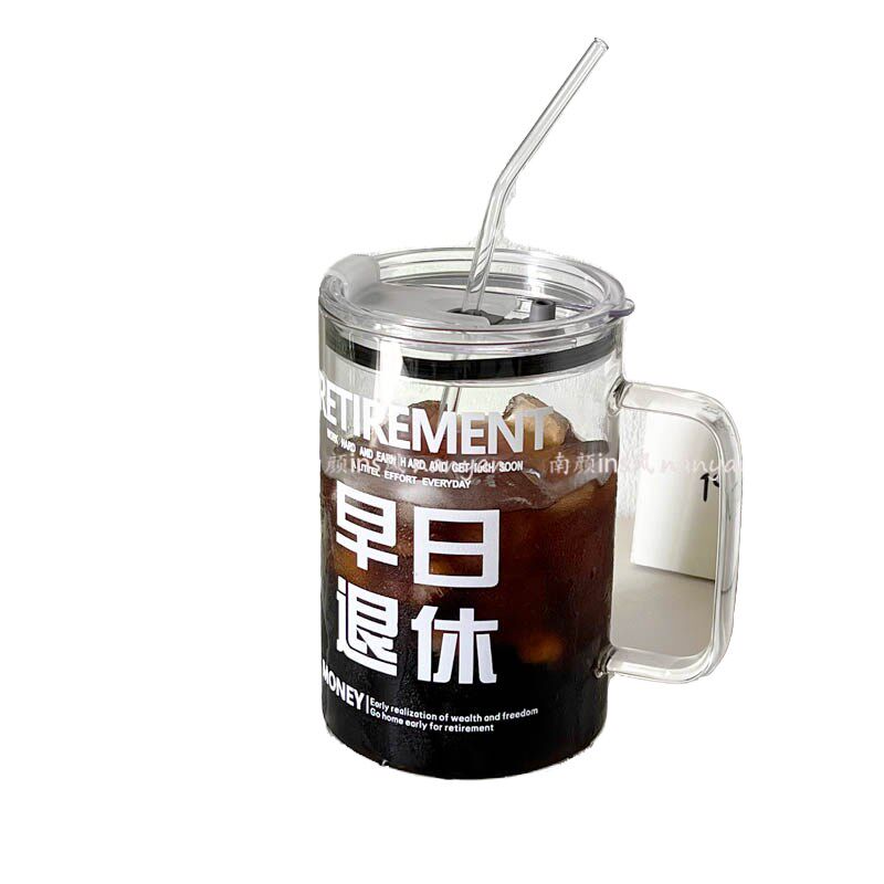 1000毫升大容量早日退休刻度玻璃喝水杯子带盖子带吸管杯办公室夏