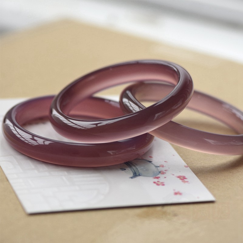 天然冰种帝王紫玉髓手镯女翡翠色玛瑙粗圆条美人镯葡萄紫扁条正镯