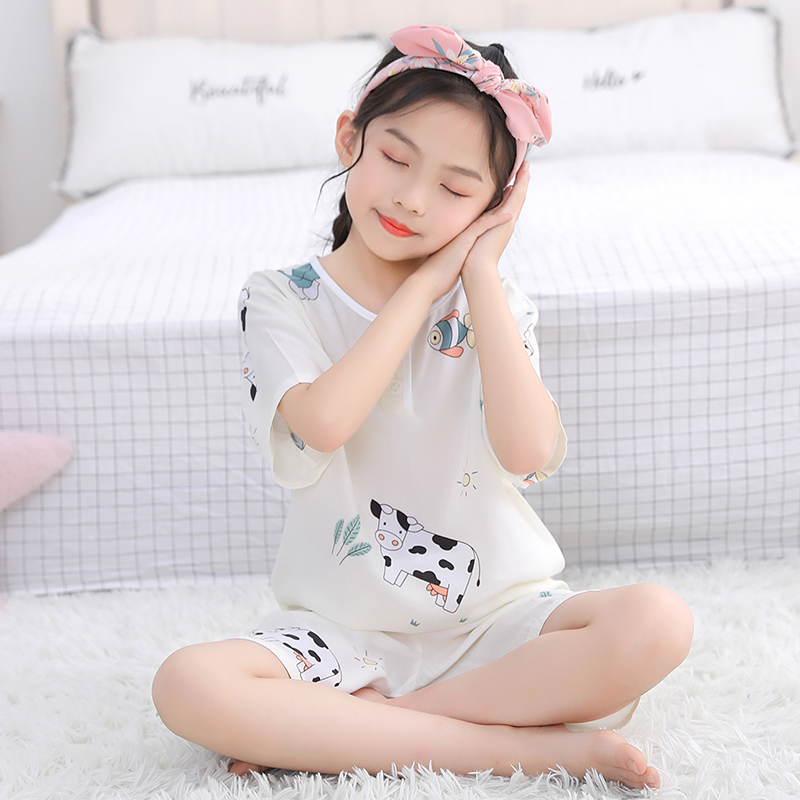 夏季儿童棉绸睡衣男童女童薄款宝宝短袖小孩家居服中大童绵绸套装