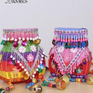 A5242023新款七彩儿童双肩背篓手工G编制多色串搭小背篼儿童舞台