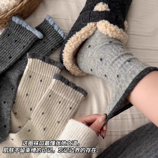 波点袜子女中筒袜秋冬季 冬天堆堆袜 百搭保暖加厚灰色长袜配勃肯鞋